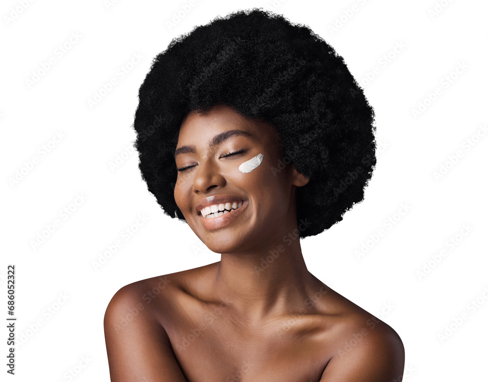 Black woman, cream and smile with skincare, cosmetics and dermatology isolated on a transparent background. Happy, African person and model with creme, afro and wellness with png, beauty and shine