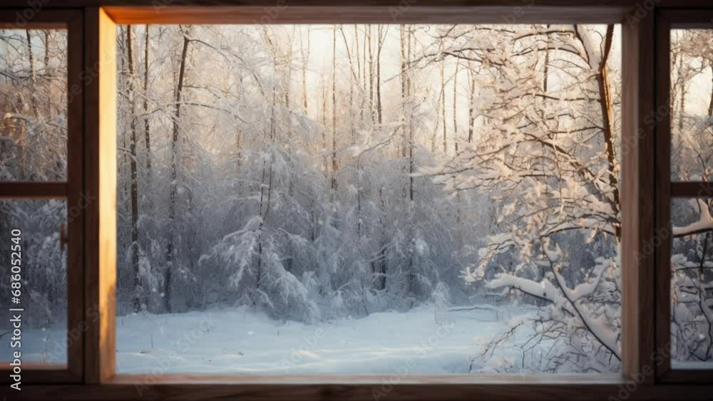 Silhouette of a wooden window overlooking the winter forest. Beautiful winter landscape with snow falling. Seamless looping video background animation. Generated with AI