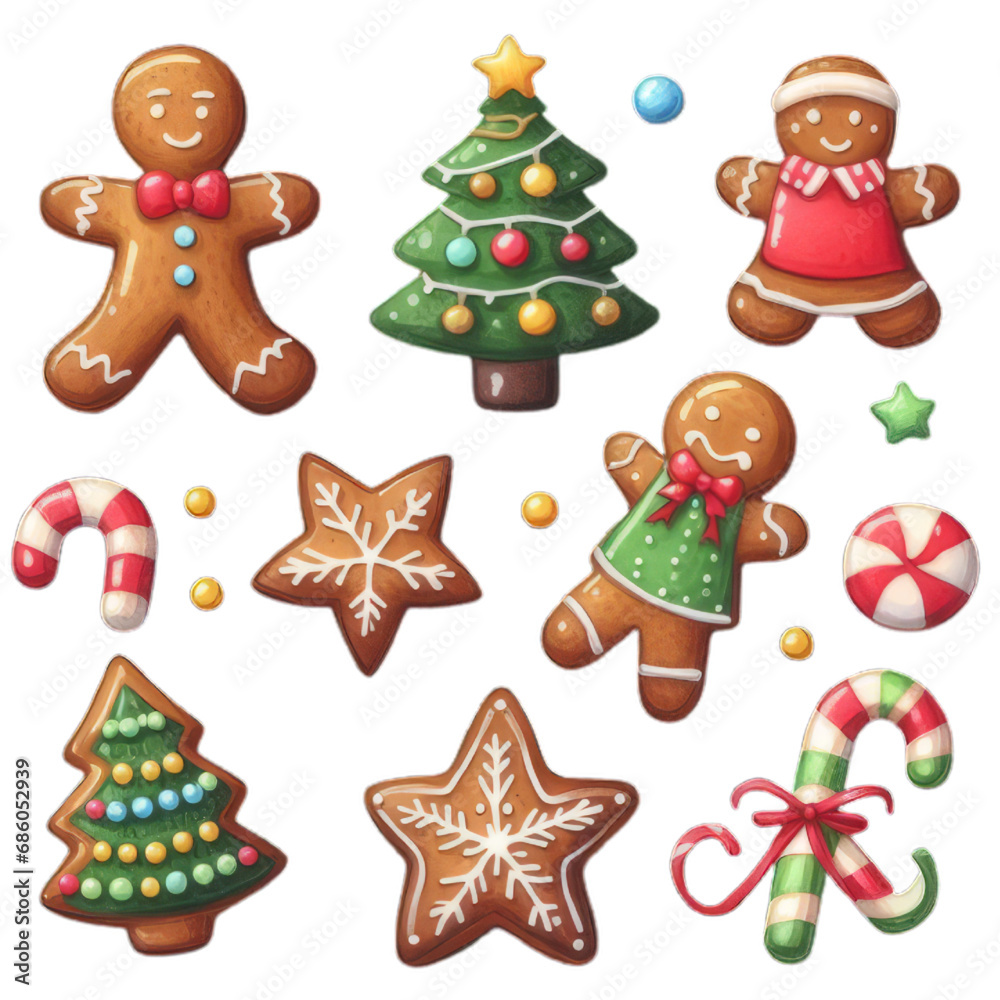 Set of christmas decorations. Collection of different gingerbread cookies. Watercolor illustration of hand painted christmas cookies man, tree,stars, candy