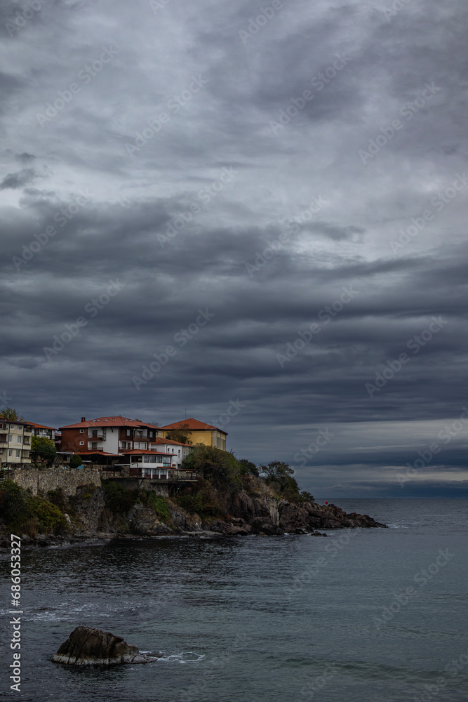 Aerial view to a houses on cliff near to the sea in Sozopol, Bulgaria
