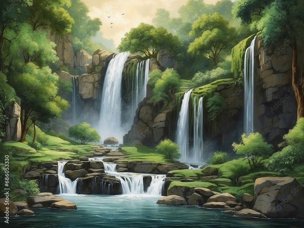 Naklejka premium The beautiful scenery of trees with waterfall