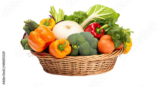 Vegetables in wicker basket. Isolated on Transparent background.