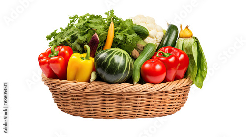Vegetables in wicker basket. Isolated on Transparent background.
