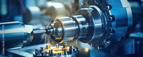 Metal cutting or cnc technology and precision machining. metal factory with drilling cnc machines.  banner