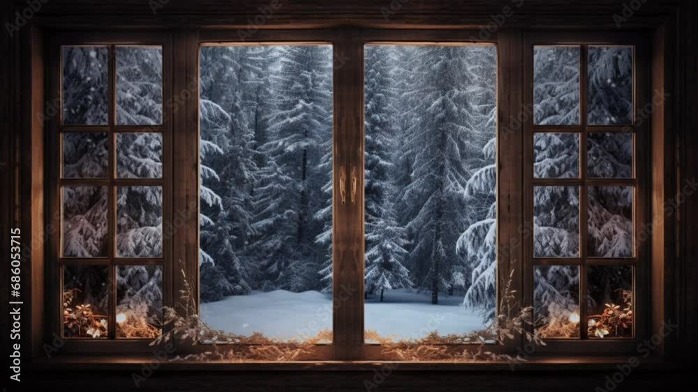 Silhouette of a wooden window overlooking the winter forest. Beautiful winter landscape with snow falling at Christmas. Seamless looping video background animation. Generated with AI