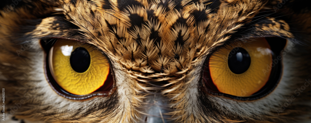 Owl eyes detial. Predator bird look close up. - obrazy, fototapety, plakaty 