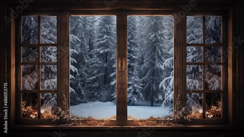 Silhouette of a wooden window overlooking the winter forest. Beautiful winter landscape with snow falling at Christmas. Seamless looping video background animation. Generated with AI