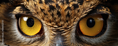 Owl eyes detial. Predator bird look close up. photo