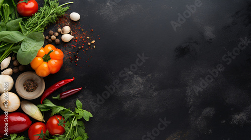 Food background on black stone table