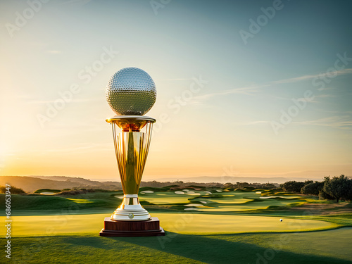 a trophy resembling a golf sport, set against the backdrop of a serene golf photo