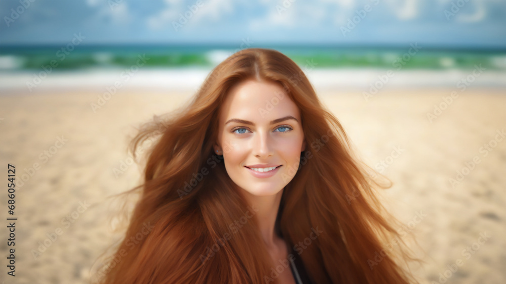 Sunny Shore Charmer: Alluring Blue-Eyed Girl with Brown Hair Radiates Joy on the Beach – Perfect Stock Portrait for Admirers