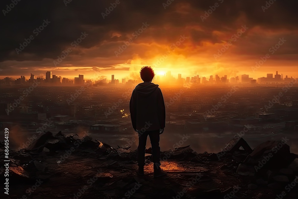 Young adult  standing in cityscape skyscrapers sunset nature 