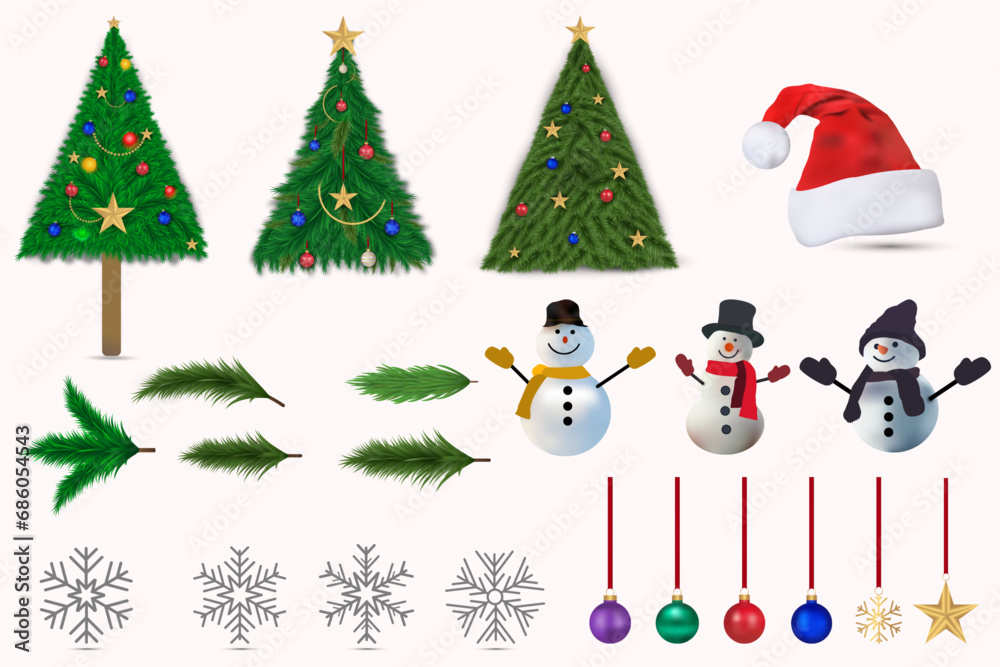 Merry Christmas and Happy New Year, material, Christmas, tree, red ball,leaf,christmas tree leaf,Snowflake icon,Santa Hats,Snowman, vector illustration, Set of Christmas festive elements for design.  