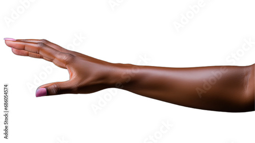 Black african american woman hand trying to reach something. Isolated on Transparent background.