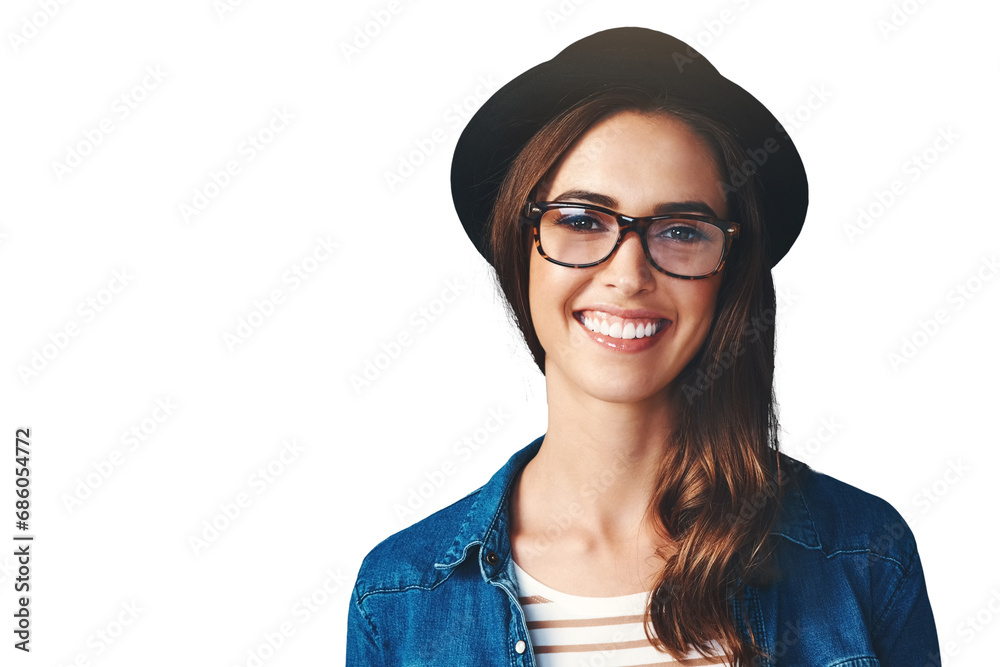 Optometry, glasses and portrait of woman with smile on isolated, png and transparent background. Happy, fashion frames and face of person with prescription lens for vision, eyesight and wellness Optometry, glasses and portrait of woman with smile on isolated, png and transparent background. Happy, fashion frames and face of person with prescription lens for vision, eyesight and wellness