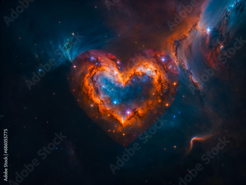 A group of stars and nebulae in space in the shape of a heart located
