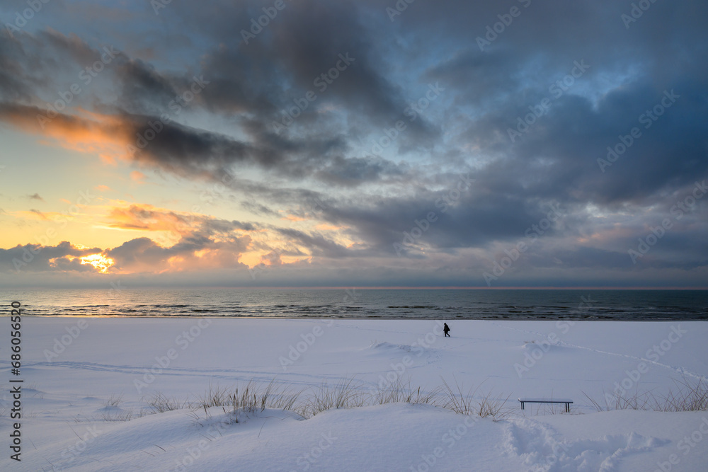 Snowy coast of Baltic sea next to Liepaja, Latvia.