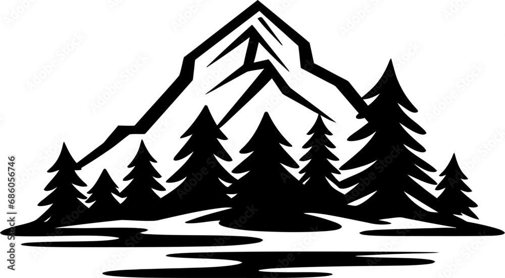 Obraz premium Mountain and trees landscape silhouette icon in black color. Vector template.