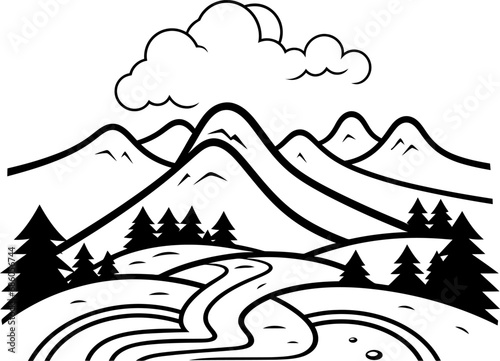 Landscape with mountains and river silhouette icon in black color. Vector template.
