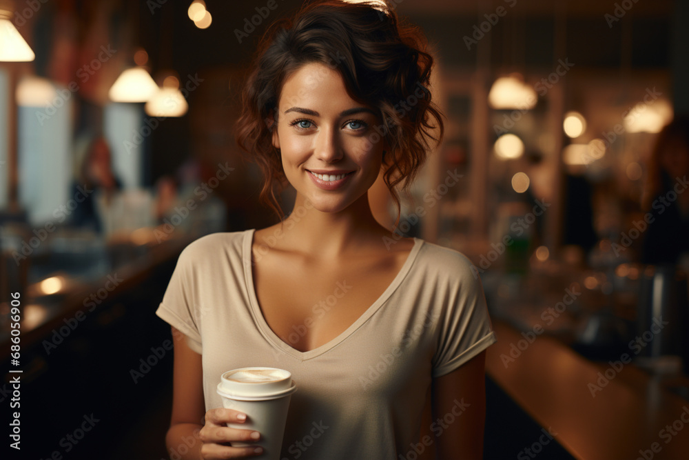 Break pause during work concept. Portrait of friendly female woman happy lady for social media, inside cafe or restaurant with eco paper cup tea coffee drink smiling in camera, crowd on background - obrazy, fototapety, plakaty 