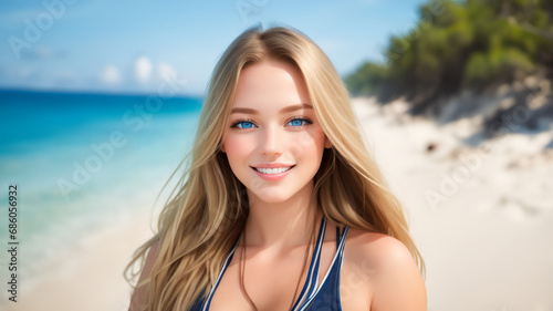 Beach Beauty: Radiant Blue-Eyed Teen Girl with an Irresistibly Cute and Attractive Smile - Perfect Portrait for Admirers