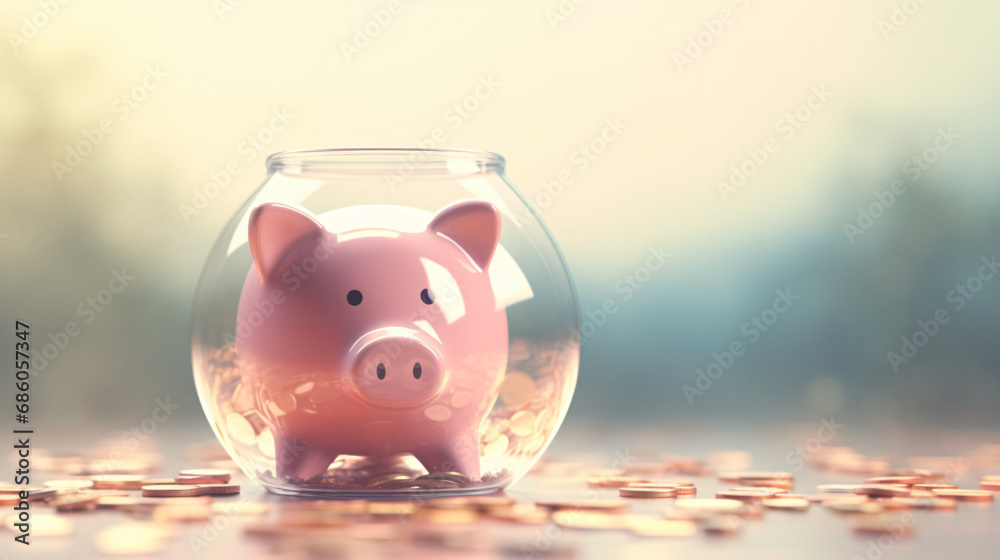 Glass piggy bank stuffed with growing coins