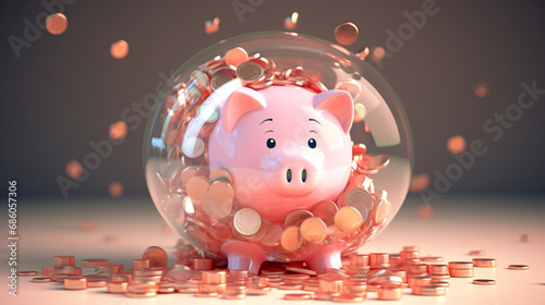 Glass piggy bank stuffed with growing coins