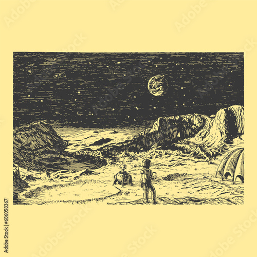 Moon base view, sketch in retro futuristic style