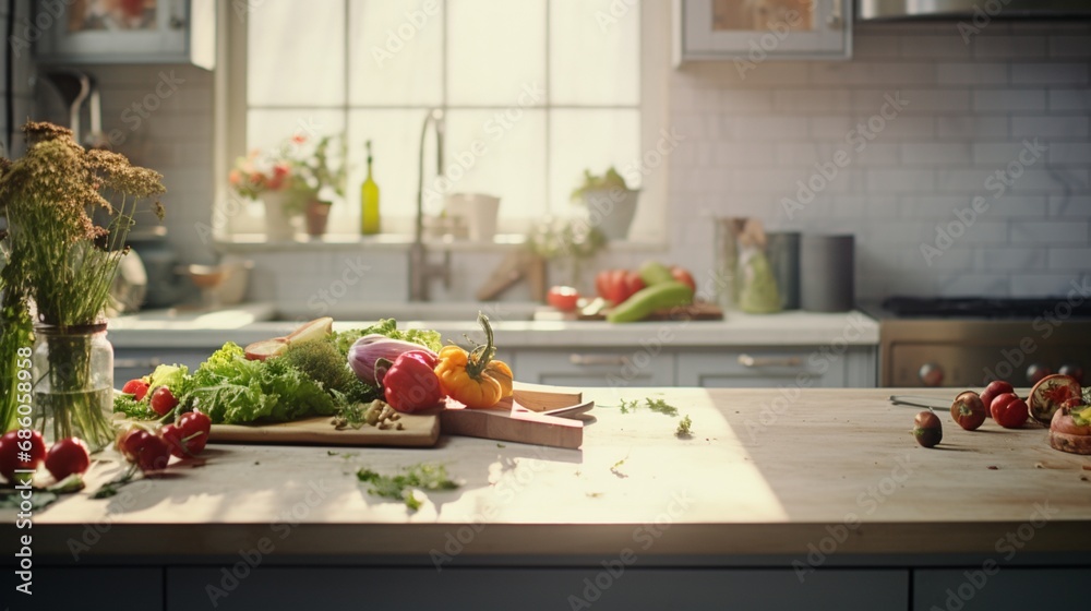 image that elegantly unfolds the visual story of an empty Podium, enhanced by a thoughtful interplay of light and shadows against a softly blurred Kitchen background for product display image that elegantly unfolds the visual story of an empty Podium, enhanced by a thoughtful interplay of light and shadows against a softly blurred Kitchen background for product display