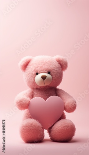 An isolated pink teddy bear holding a heart, standing against a soft background, evoking a sense of tenderness