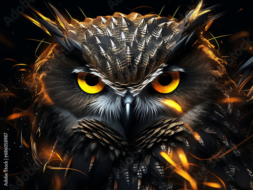 there is a black owl with yellow eyes and a black background
