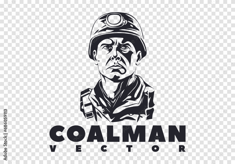 Vector monochrome serious graphic portrait of a brutal male miner in a helmet with a lantern. Inscription, coalman. Logo or emblem. Isolated background. Vector monochrome serious graphic portrait of a brutal male miner in a helmet with a lantern. Inscription, coalman. Logo or emblem. Isolated background.