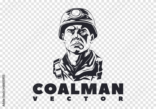 Vector monochrome serious graphic portrait of a brutal male miner in a helmet with a lantern. Inscription, coalman. Logo or emblem. Isolated background.