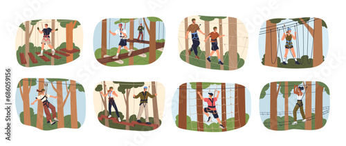Rope park, zipline set. People climbing web, walking on aerial bridge among trees in nature, forest. Outdoor summer activity at height. Flat graphic vector illustrations isolated on white background