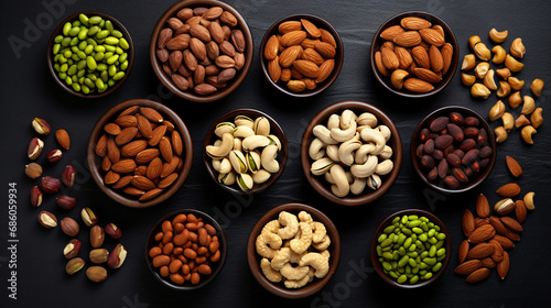 Assortment of nuts in bowls