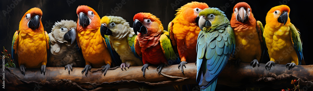 Fototapeta premium A Flock Of Colored Parrots Sitting On A Tree Branch. Generative AI 