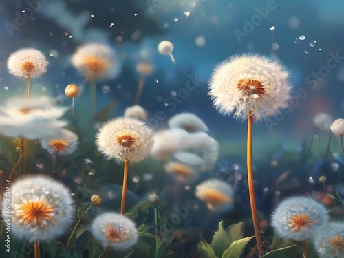 White dandelion flower in the morning, cartoon style