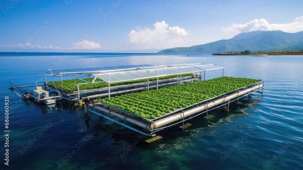 An innovative aquaponic farming system floats on a clear blue sea, growing lush green lettuce under a protective greenhouse structure, against a scenic mountainous landscape.