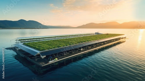 A tranquil dawn breaks over a vast floating solar farm on a placid lake, seamlessly blending renewable energy and nature with a picturesque mountain range in the distance. photo
