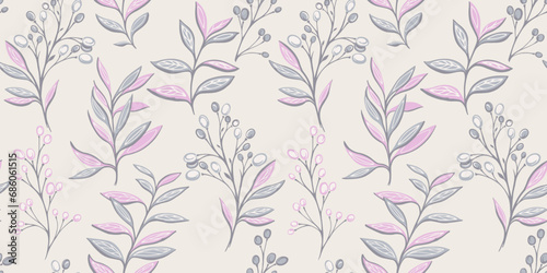 Monotone pastel beige creative leaf branches. Retro abstract leaves stem background. Vector hand drawn. Design for fashion, fabric, wallpaper.