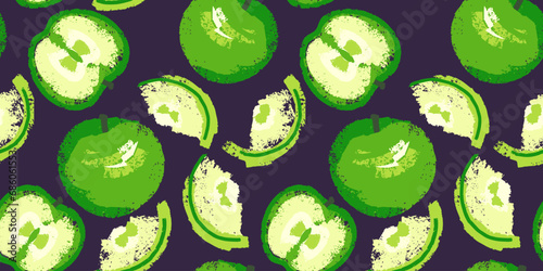 Creative seamless pattern with apples and apple slices. Stylized vector hand drawn sketch fruits. Summer tropical fruits background. Apples brush texture print.