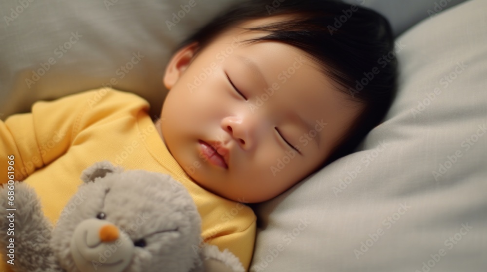 The baby peacefully naps in a cozy bed within their room. The baby peacefully naps in a cozy bed within their room.
