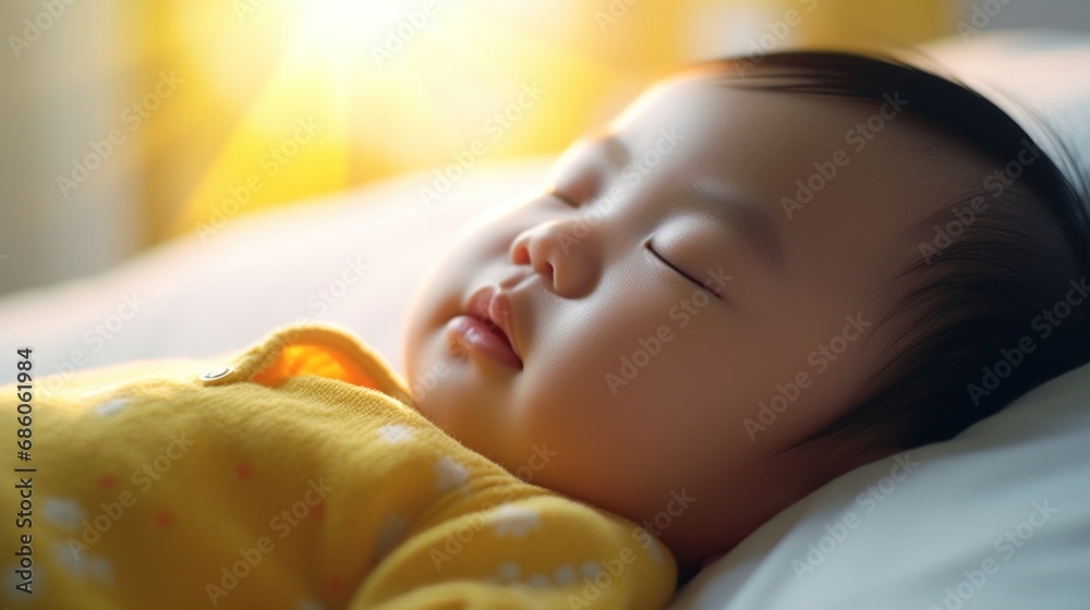 In a child's room, a content baby rests comfortably in a warm bed. In a child's room, a content baby rests comfortably in a warm bed.