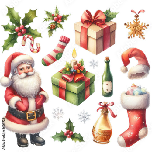 watercolor Christmas set. Santa Claus, holly, gift box, bottle, sock, snowflake, christmas tree, santa hat on white background