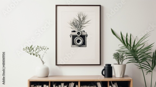  a mockup poster against a modern display backdrop featuring a golden and black vase, enhancing the composition of white paper, an empty blank canvas.