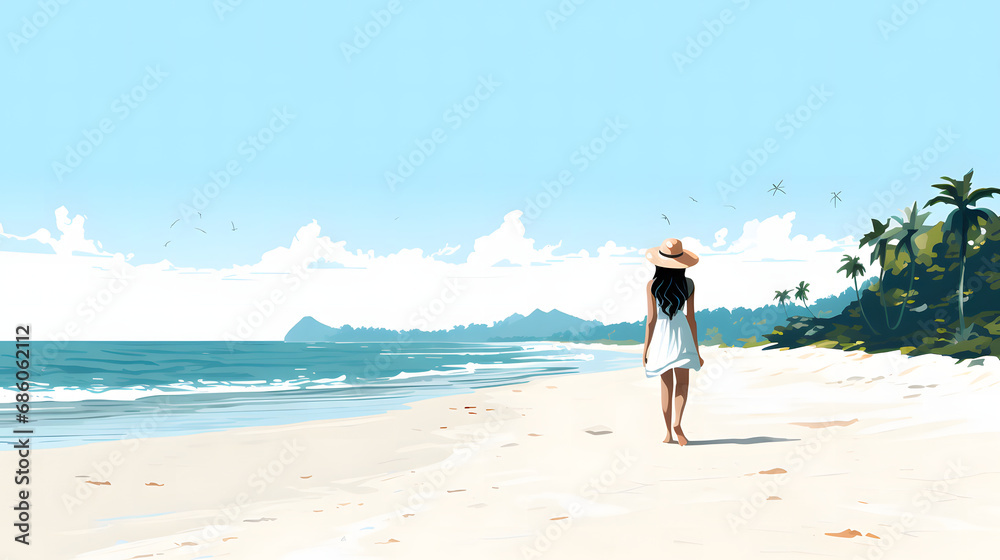 a person in the beach in the style of animation on a white background.