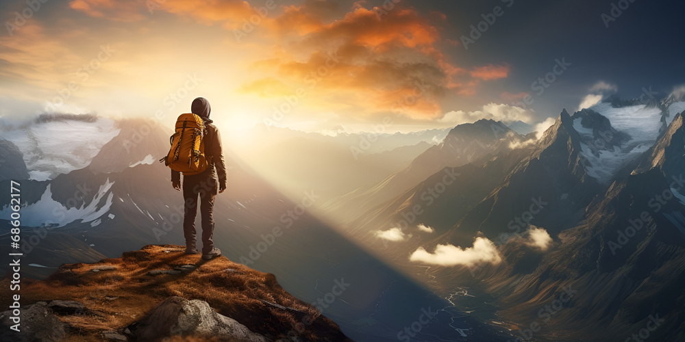 Man s shadow admires setting sun from mountain peak silhouette concept Hiker on the top of the at sunset Travel and adventure Successful hiker hiking a mountain pointing Digital illustration