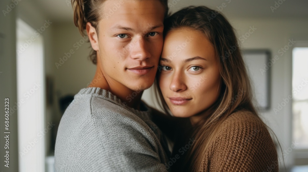 A joyful mixed-race pair finds happiness in their shared embrace. A joyful mixed-race pair finds happiness in their shared embrace.