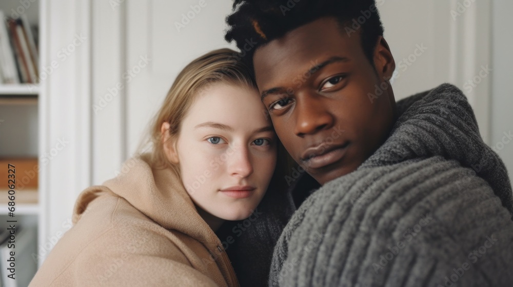 Embracing diversity, a happy couple of mixed skin tones enjoy each other's company. Embracing diversity, a happy couple of mixed skin tones enjoy each other's company.