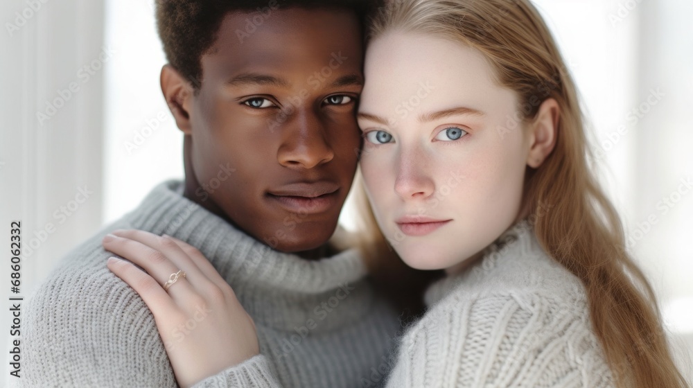 Love blossoms as a young couple with different backgrounds embraces indoors. Love blossoms as a young couple with different backgrounds embraces indoors.
